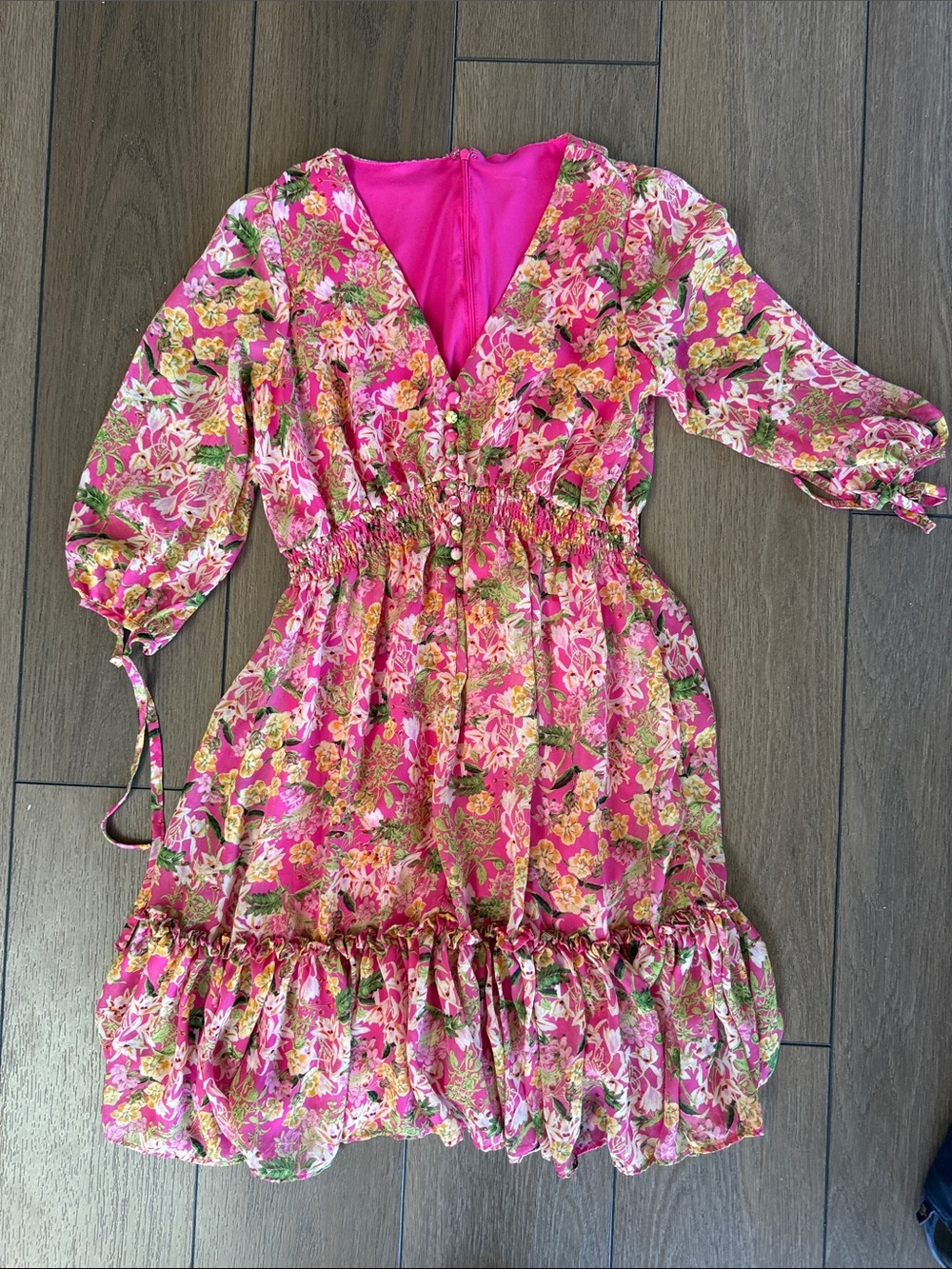Fuchsia Floral Ruffle V-Neck Dress